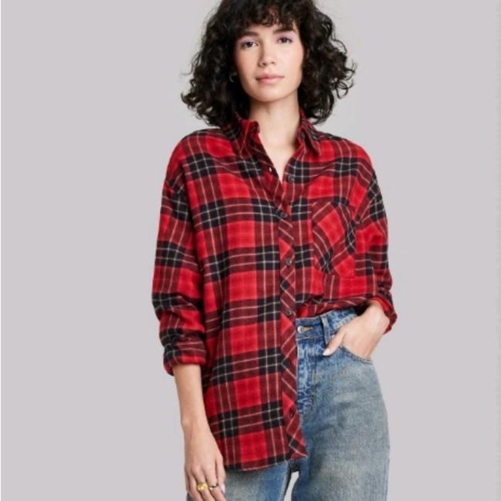 Women's Long Sleeve Hi-Low Oversized Flannel Shirt - Wild Fable Red Plaid XXL